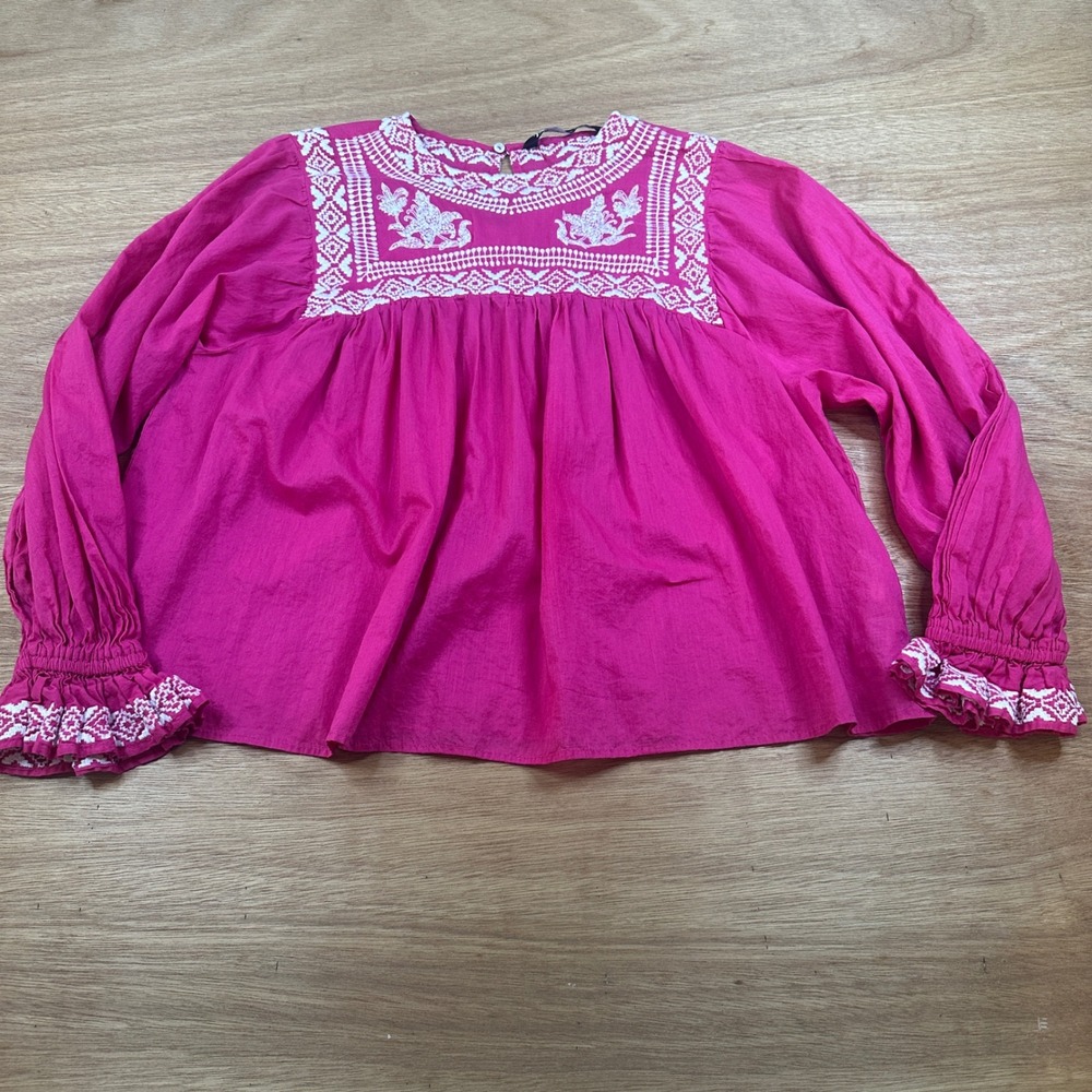 Zara Embroidered Peasant Blouse Pink Boho Long Sleeve Cotton Medium